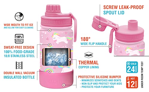 CHILLOUT LIFE 12oz Kids Insulated Stainless Steel Water Bottle with Leak Proof Spout Lid & 144 Stickers - color: Pink Unicorn, style: 12 oz