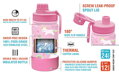 CHILLOUT LIFE 12oz Kids Insulated Stainless Steel Water Bottle with Leak Proof Spout Lid & 144 Stickers - color: Pink Unicorn, style: 12 oz
