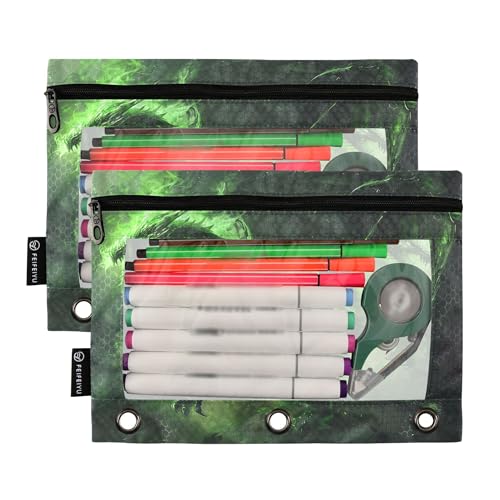 Demon Dragon Binder Pouches 3 Ring for Boys Girls School Office College Supplies Green Fire Dinosaur Pencil Pouches Case Bag with Clear Window and Zipper 2 Pack - color: Dinosaur