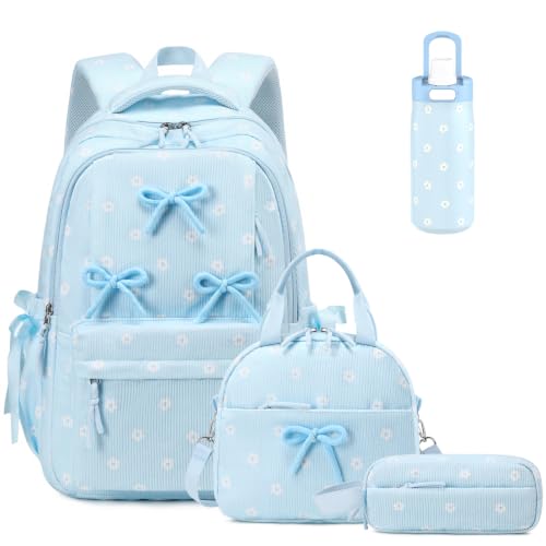 Backpack for Girls, Corduroy 4PCS Bow Girls Backpack with 14oz Insulated Water Bottle, Lunch Bag & Pencil Pouch, Lightweight School Bag Set for Kids Teen Elementray Middle School Student - color: Blue Floral
