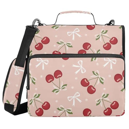 Cherries Bows Pink Pattern 3 Ring Zipper Binder with Shoulder Strap & Handle 1.5 Inch D-Ring Zippered Bag with Pencil Pouch, Expanding File Folder, Binder Organizer for School or Office - color: Cherries Bows Red Pink