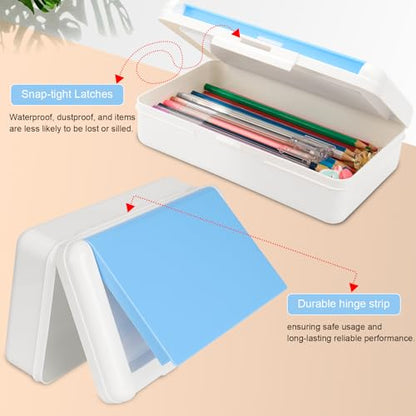 SFLHHDM Pencil Box, Double Layer Large Capacity, White Blue, 1pcs | Plastic, Snap-tight Lid, Stackable Storage, For Gel Pen Pencils Crayons, Office Supplies - color: White Blue-1pcs