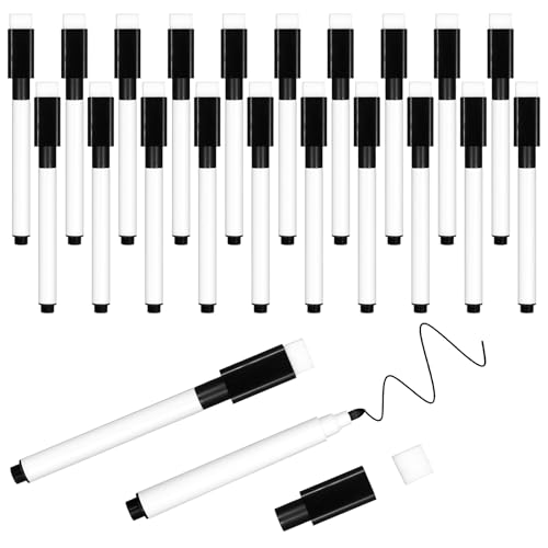 20PCS Dry Erase Markers, Black Magnetic Whiteboard Marker with Eraser Cap, Mini Fine Tip Erase Markers Bulk, Erasable Markers for Teachers Office School Supplies