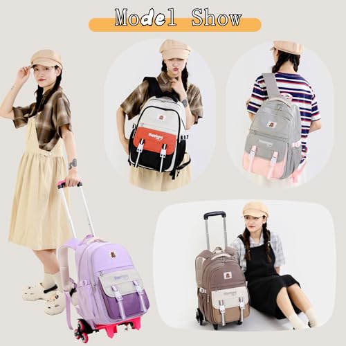 Purple Rolling Backpack for Girls Elementary Middle School Bags, Girls Backpack for Kids with 6 Wheels, Purple - color: 6 Wheels-02-purple, style: 6 Wheels