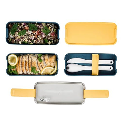 Restaurantware Bento Box 1 Count 30 Ounce Plastic Lunch Box Stackable With Cutlery, Leakproof Microwave-Safe Meal Prep Container Stackable Blue - size: 1 Count, style: 30 oz - Blue