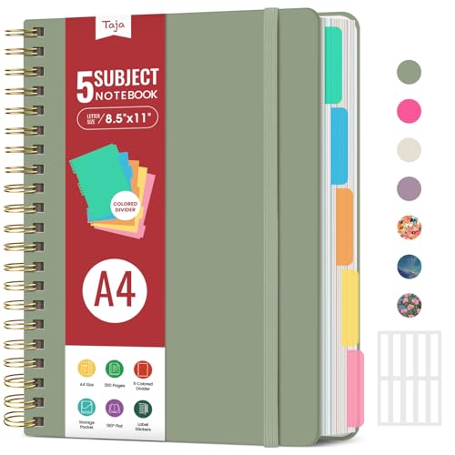 Hardcover Spiral Journal Notebooks for Work With Removable Dividers & Tabs, 8.5"x11" 5 Subject Notebook for Note Taking & Organizer, A4 College Ruled Lined Journal for Women & Writing, Green, 280 Pages - color: L-Green