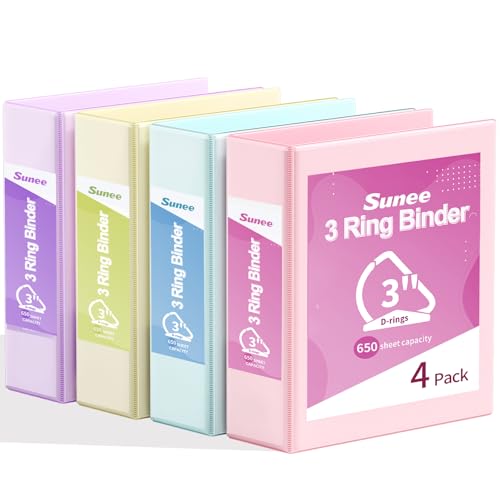 SUNEE 3 Ring Binder 3 Inch D Ring, Clear View Binder Three Ring PVC-Free (Fit 8.5x11 Inches) for School or Office Supplies, Assorted Pastel, 4 Pack - size: 3 Inch