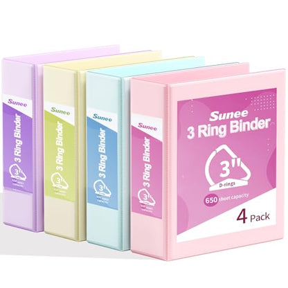 SUNEE 3 Ring Binder 3 Inch D Ring, Clear View Binder Three Ring PVC-Free (Fit 8.5x11 Inches) for School or Office Supplies, Assorted Pastel, 4 Pack - size: 3 Inch