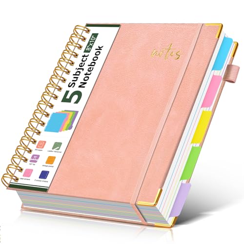 5 Subject Spiral Notebook Journal with Removable Dividers Tabs, 300 Pages Organizer Notebooks for Work School, 8"x10" Hardcover Leather Notebook College Ruled, Large Lined Journal for Women Men,Pink - color: Pink, size: B5