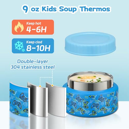 Bento Lunch Box Kids and 9oz Soup Thermos – 5.5-Cup Leakproof Kids Bento Box with Ice Pack & 9oz Insulated Food Jar – Hot & Cold Food Lunch Container for Boy Girl School, Blue Set - color: Blue Set