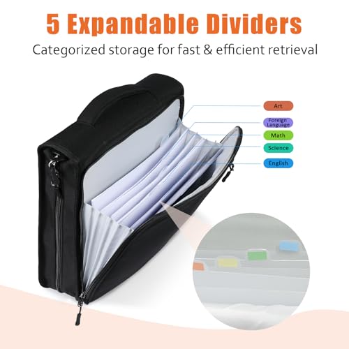 2 Inch 3 Ring Zipper Binder with 500 Sheet Capacity, 6 Tab Expanding File Folder, Multi-Pocket Design, Shoulder Strap and Handle for Middle School and Office (Black) - color: Black