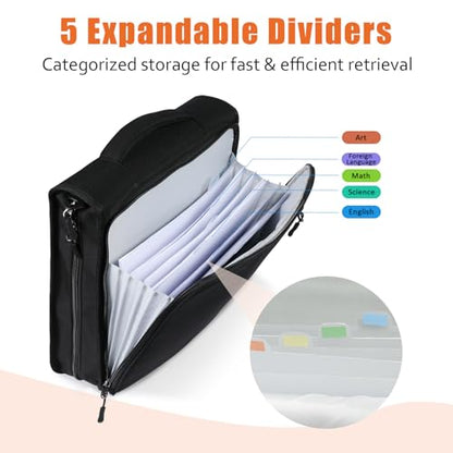 2 Inch 3 Ring Zipper Binder with 500 Sheet Capacity, 6 Tab Expanding File Folder, Multi-Pocket Design, Shoulder Strap and Handle for Middle School and Office (Black) - color: Black