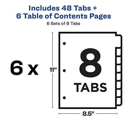 Avery 8 Tab Dividers for 3 Ring Binders, Customizable Table of Contents, Multicolor Tabs, 6 Sets (11186) (Pack of 10) - size: 8 tabs (Pack of 10)