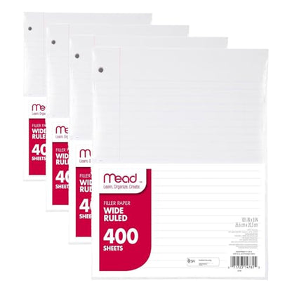 Mead Loose Leaf Paper,Wide Ruled Filler Notebook Paper,8" x 10-1/2",400 Sheets,Fits 3-Ring Binder (150036-ECM),(Pack of 4) - size: 400 Count (Pack of 4), style: 400 Sheets