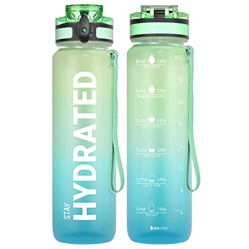 Sahara Sailor Water Bottle, 32/25/17oz Durable and Leakproof Water Bottles Motivational with Time Marker, Tritan, BPA Free, Wide Mouth with Easy Clean Brush for Gym, Travel, School, Office (1 Bottle) - color: Green Mint, size: 16.9 Ounces