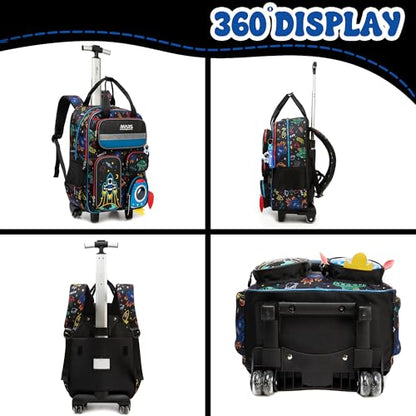 Kids Rolling Backpack with Wheels for Elementary Students 16inch 3 in 1 Boys Travel Luggage Carry on Backpack for Boys Ages 6-8 8-12 - color: B Black