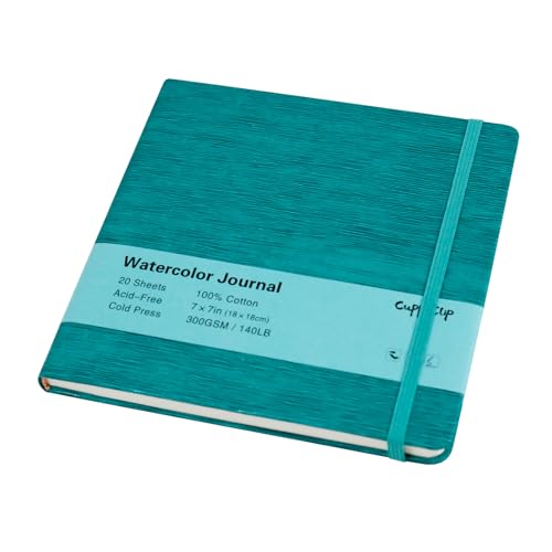 CuppaClip Leather Watercolor Journal, 300gsm/140lb 100% Cotton Cold Press Paper, 20 Sheets Acid-Free Travel Sketchbook–Professional Art Notebook for Painting, Drawing, Travel (Blue, 7×7in) - color: Blue, size: 7×7in