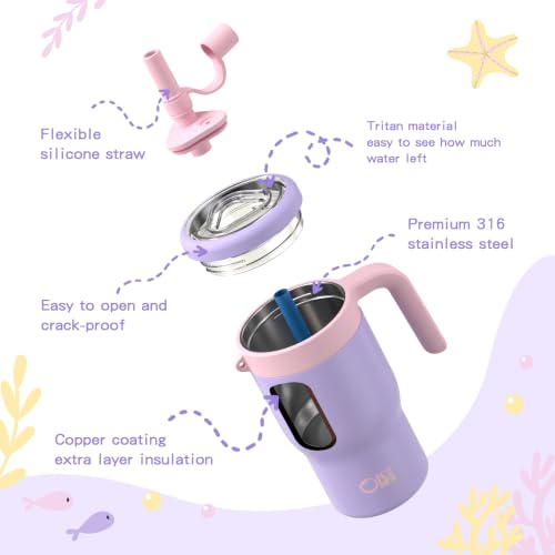 OISIZ 14oz Kids Tumbler with Straw Lid & Handle,Kids Cup with Animal Accessory for School,Kids Water Bottles with Dust-proof Cover,Leakproof Water Bottles,316 Stainless Steel,Keep Cold 24 Hours-purple - color: pearl purple
