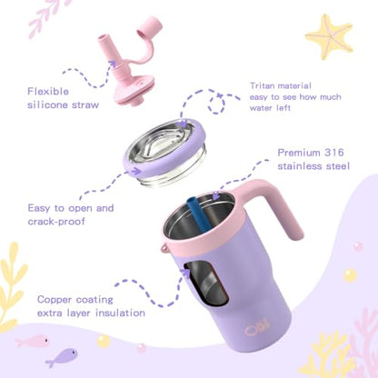 OISIZ 14oz Kids Tumbler with Straw Lid & Handle,Kids Cup with Animal Accessory for School,Kids Water Bottles with Dust-proof Cover,Leakproof Water Bottles,316 Stainless Steel,Keep Cold 24 Hours-purple - color: pearl purple