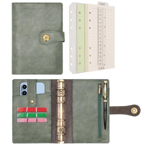 Wonderpool A6 Binder Journal Leather Spiral Notebook Refillable College Ruled Paper, Budget Binder Rings Diary Organizer with Pen for Office School Travel Business Planning Writing (Green,A6) - color: Green, size: A6