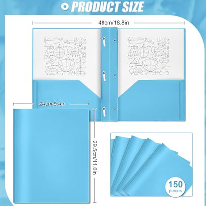 Yeaqee 150 Pack Plastic Folders with Prongs Heavy Duty Plastic 2 Pocket Folder with 3 Prongs, Business Card Slot for Back to School Office Home 11.6 x 9.5 Inch (Light Blue) - color: Light Blue