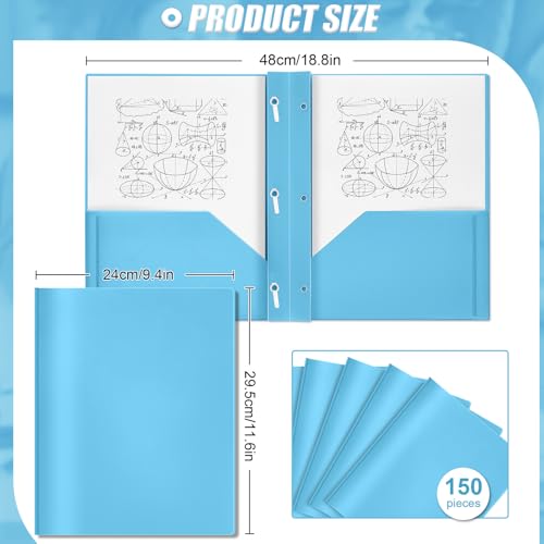 Yeaqee 150 Pack Plastic Folders with Prongs Heavy Duty Plastic 2 Pocket Folder with 3 Prongs, Business Card Slot for Back to School Office Home 11.6 x 9.5 Inch (Light Blue) - color: Light Blue
