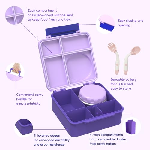 Bento Box for Kids - Leak-Proof Bento Lunch Box with Insulated Thermo Food Jar - 4 Compartments, 1 Removable Divider, 1 Spoon, 1 Fork - Dishwasher Safe, BPA-Free (Light purple) - color: Light Purple