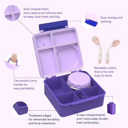 Bento Box for Kids - Leak-Proof Bento Lunch Box with Insulated Thermo Food Jar - 4 Compartments, 1 Removable Divider, 1 Spoon, 1 Fork - Dishwasher Safe, BPA-Free (Light purple) - color: Light Purple