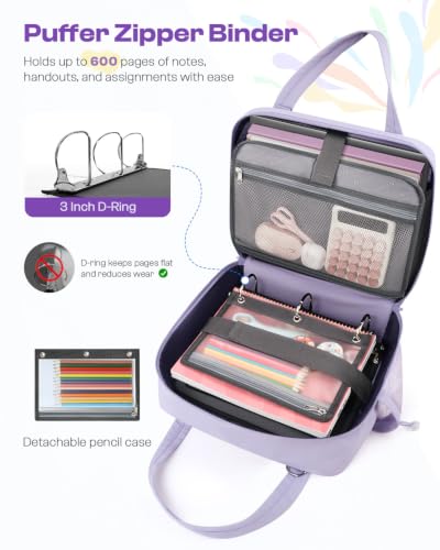 Puffer Zipper Binder 3 Ring with Pencil Pouch, 3" D-ring Binder with Zipper and Shoulder Strap, 600 Sheets Capacity Zip Up Binder with 15.6" Laptop Pocket, Binder Bag for School College Office, Purple - color: Purple