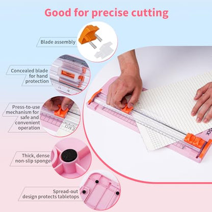 A4 Pink Paper Cutter Slider 12 Inch Titanium Straight Paper Trimmer, Paper Cutter for Classroom Scrapbooking Cutter, Papercraft Supplies - color: Pink