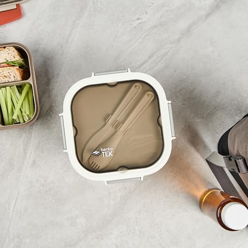 Restaurantware-Bento Tek 57.5 Ounce Bento Box, 1 Reusable Lunch Container - With Fork And Knife, Does Not Contain BPA, White And Gray Plastic Reusable Lunch Box, Microwavable, Dishwashable - size: 1 Count, style: 58 oz - White