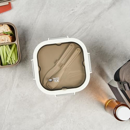 Restaurantware-Bento Tek 57.5 Ounce Bento Box, 1 Reusable Lunch Container - With Fork And Knife, Does Not Contain BPA, White And Gray Plastic Reusable Lunch Box, Microwavable, Dishwashable - size: 1 Count, style: 58 oz - White