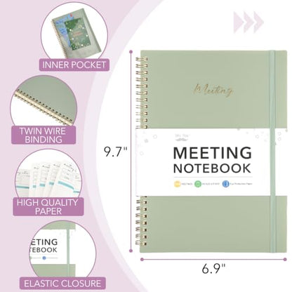 Mr. Pen- Meeting Notebook for Work, 6.9"x9.9", 140 Pages, Green | Spiral-Bound, Undated Work Notebook with Action Items & Meeting Notes, Office Supplies - color: Green