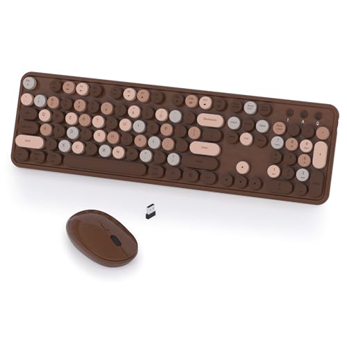 Colorful Wireless Keyboard and Mouse Combo, COVEVA 2.4GHz Wireless Retro Cute Round Keycaps Keyboard, 104 Keys Full-Sized Keyboard Mouse Set with Switch Button for PC Laptop Desktop (Brown Colorful) - color: Brown