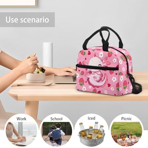 Axolotl Lunch Box for Kids Boys 4-6 Strawberry One Piece Lunch Box for Girls 6-8 Preppy Meal Bag for Boys 8-10 Preschool Kindergarten Toddler Elementary School Adjustable Shoulder Strap - color: Strawberry Axolotl