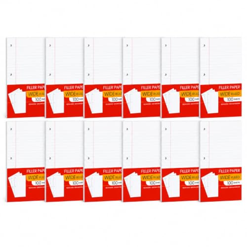 Notebook Paper Wide Ruled, Loose Leaf Paper Wide Ruled Notebook Paper Bulk, Lined Filler Paper for 3 Ring Binders - 10.5” X 8", for Student, College, School Classroom - 100 Sheets/Pack (12 Pack) - style: 12 Pack