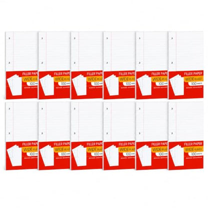 Notebook Paper Wide Ruled, Loose Leaf Paper Wide Ruled Notebook Paper Bulk, Lined Filler Paper for 3 Ring Binders - 10.5” X 8", for Student, College, School Classroom - 100 Sheets/Pack (12 Pack) - style: 12 Pack