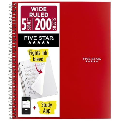 Five Star Spiral Notebook + Study App, 5 Subject, Wide Ruled Paper, 8" x 10-1/2", 200 Sheets, Fights Ink Bleed, Water Resistant Cover, Fire Red (72041) - color: Fire Red, size: 8" x 10.5" (Pack of 1)