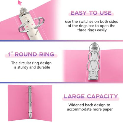 Henoyso 6 Pcs Plastic 1 Inch Mini 3 Ring Binders Fits 5.5" x 8.5" Paper, Holds(Capacity 200 Sheets), Flexible Three Round Rings Small Pink A5 Binders Bulk for School, Office Use, Photo Album - color: Pink, size: 1 Inch