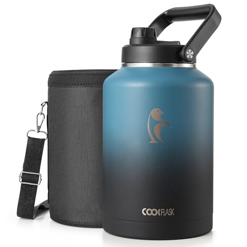 Coolflask Titan 1.5 Gallon Water Bottle Insulated, 192 oz Water Jug Stainless Steel with Leakproof Spout Lid, Large Handle & Sleeve, Wide Mouth Metal Flask for Camping or Work, Samurai Cyan - color: Samurai Cyan, size: 192 Ounces