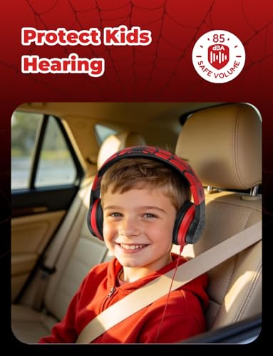 iClever HS19 Kids Headphones for School with Microphone, Safe Volume Limiter 74/85dBA, Over-Ear Girls Boys Headphones for Kids with FunShare Foldable Wired for iPad/Travel (Spider Black) - color: Black Spider