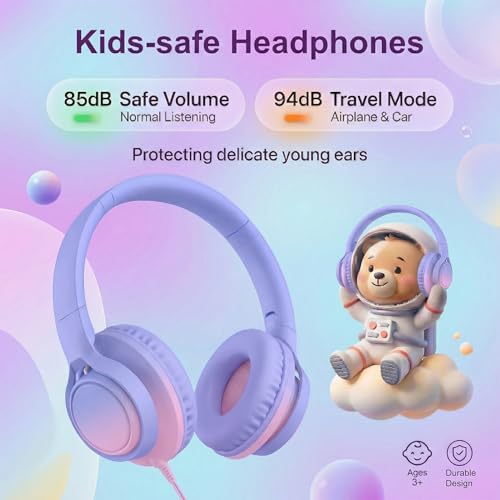 Kids Headphones Wired with Microphone, 85/94dB Volume Limit, 3.5mm Jack & USB-C Adapter, Foldable Over Ear Headset for School, Tablet, iPad, Laptop, Travel (Pink) - color: Gradient Lavender & Pink