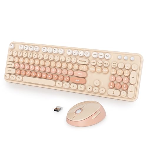 Wireless Keyboard and Mouse Set, Retro Typewriter Keyboard, 2.4GHz Full Size 104-Key Cute Keyboard with Number Pad, Colorful Keyboard with Round Keycaps for Windows PC Laptop(Brown) - color: Brown white