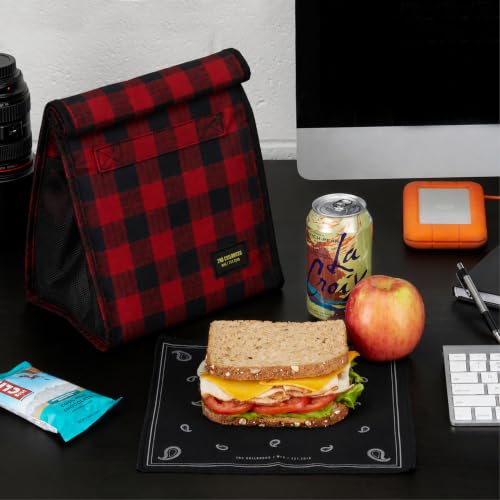 2nd Childhood Insulated Lunch Bag for Men, Durable & Reusable, Plaid Red | Slim lunch bag with carry handle, two mesh side pockets and a back slip pocket; insulated liner keeps food cool - color: Buffalo Red