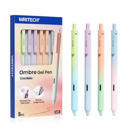 WRITECH Gel Rollerball Pens 0.7mm: Silent Click Smooth Writing Quick Dry Black Ink Gradient Aesthetic Design for Journaling School Office 8 Pack - color: Multicolor