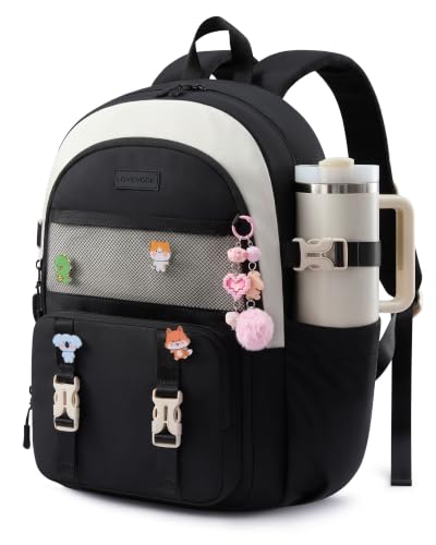 LOVEVOOK Cute School Backpack for Girls Ages 8-14, Lightweight Bookbag with Cartoon Charms & Pins, Back to School Backpack for Elementary & Middle School, Fits 15.6 Inch Laptop and 40oz Tumbler - color: Off-white & Black, size: 15.6 Inch