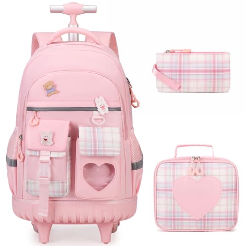 ACESAK Rolling Backpack for Girls - Roller Wheels School Bookbag with Lunch Bag & Pencil Pouch for Teen Girls Kids Wheeled Suitcase Backpacks, Elementary Middle School Travel Daypack (Pink) - color: Pink
