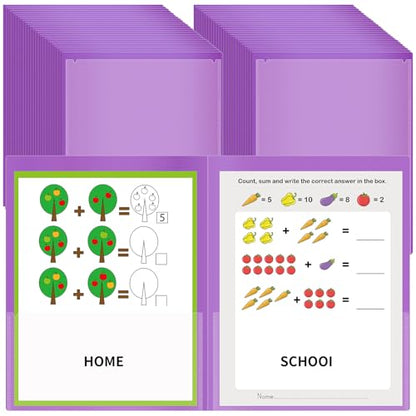 50 Pcs Parent Teacher Classroom Communication Folder with Clear Front Pockets, 2 Pockets Homework Folders Take Home Plastic Folders for Kid Student Home and Classroom (Purple) - color: Purple