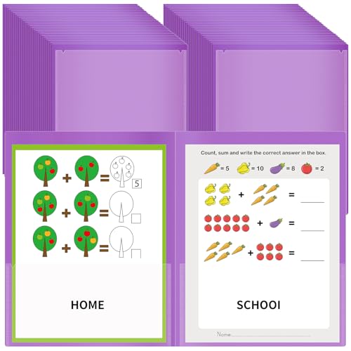 50 Pcs Parent Teacher Classroom Communication Folder with Clear Front Pockets, 2 Pockets Homework Folders Take Home Plastic Folders for Kid Student Home and Classroom (Purple) - color: Purple