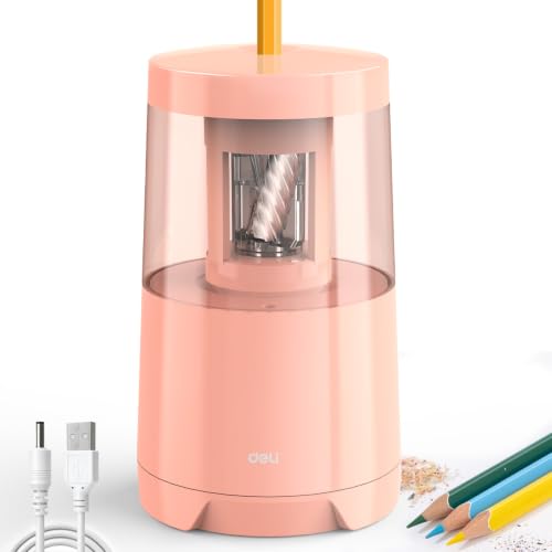 Deli Electric Pencil Sharpener, Automatic Pencil Sharpeners for No.2 Pencils Colored Pencils, Auto Stop, USB & Battery Operated for Students, Classroom, Home and Office, Pink - color: Pink